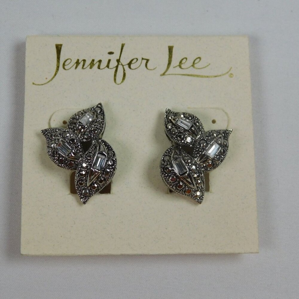 Jennifer Lee Rhinestone Clip-On Earrings 3 Leaf Clusters on Card 1" x .75" EUC